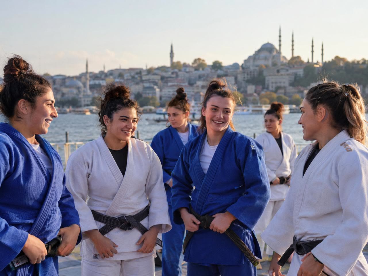 Six women judoka in Istanbul, with the city's mosque skyline behind them