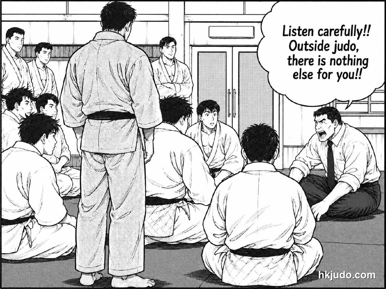 Manga-style illustration of young judoka in white judogi sitting on a dojo floor facing an older instructor